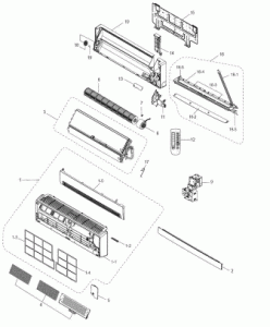 Ilmastointilaitteen sisäyksikön sijoittelu ja rakenne: tuuletin, juoksupyörä, purkaminen, levy